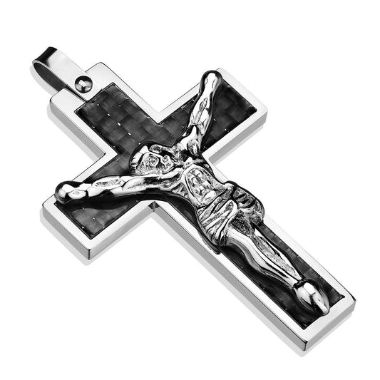 Kettenanhänger Kreuz Carbonfaser-Inlay Jesus 316L Chirurgenstahl Schwarz Silber Halskettenanhänger Pendant Damenkettenanhänger