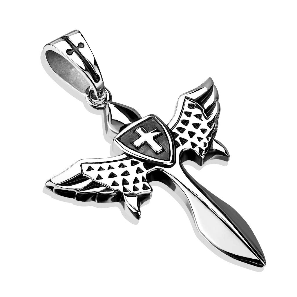 Kettenanhänger Himmlisches Heil-Schwert Kreuz Flügel 316L Chirurgenstahl Schwarz-Silber Halskettennhänger Pendant Damen