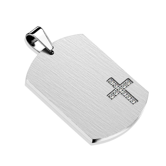 Kettenanhänger Dog Tag Kreuz Zirkonia Klar 316L Chirurgenstahl Silber HalsKettenanhänger Pendant HerrenKettenanhänger