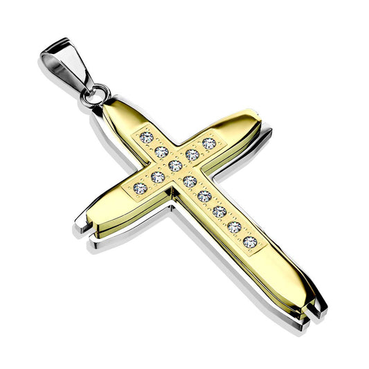 Kettenanhänger Doppeltes Kreuz Zirkonia Klar 316L Chirurgenstahl GoldSilber HalsKettenanhänger Pendant HerrenKettenanhänger