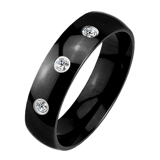 Klassischer Dom Ring aus Chirugenstahl Edelstahl 316L Silber, schwarz, rosévergoldet mit DREI Zirkonia verfügbare Ringgrößen 47 (15) - 66 (21)