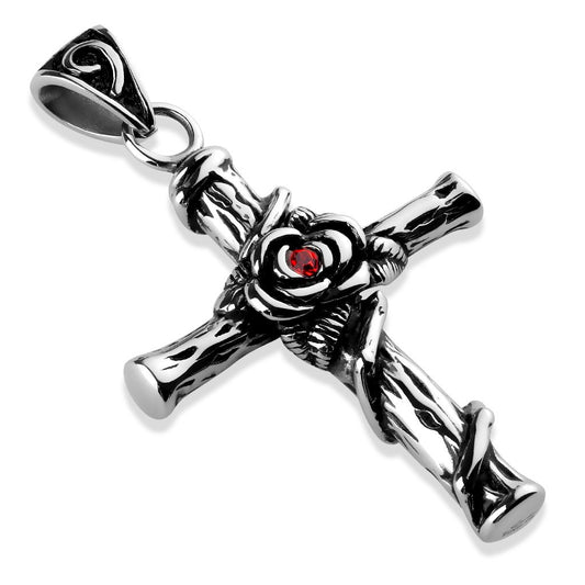 Kettenanh?nger Kreuz Rose Zirkonia Rot 316L Chirurgenstahl Silber 75 x 45mm HalsKettenanh?nger Pendant Herren-Kettenanh?nger