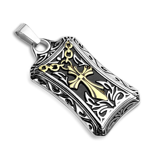 Paula & Fritz? Herren Ketten-Anh?nger Medaillon Kreuz 316L Chirurgenstahl Schwarz-Silber Gold 58 x 26-mm Halsketten Pendant Damenkettenanh?nger Herrenketten