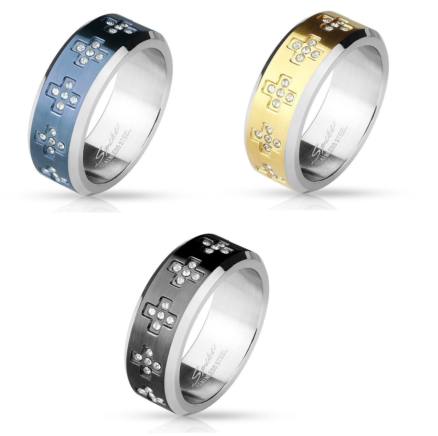 Ring aus Chirurgenstahl Edelstahl 316L Band schwarz, blau, gelbgold mit Kreuzen aus Zirkonia verfügbare Ringgrößen 57 (18) - 66 (21)